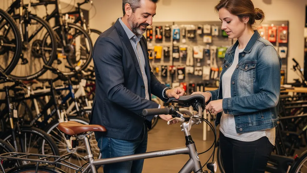 Conseiller vélo expliquant le réglage de selle à un client en boutique spécialisée
