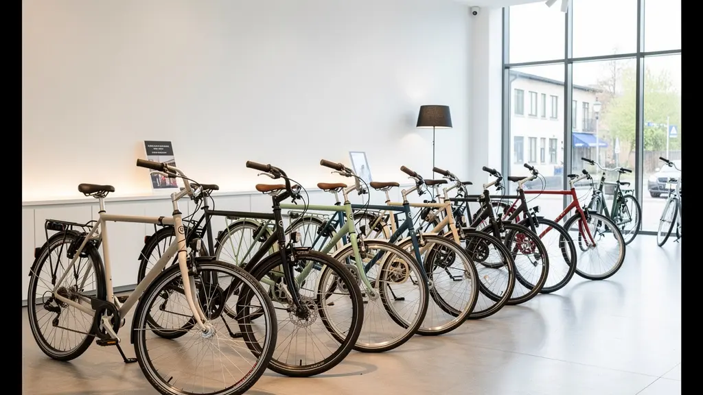 Gamme de vélos hollandais élégants alignés dans une boutique parisienne lumineuse