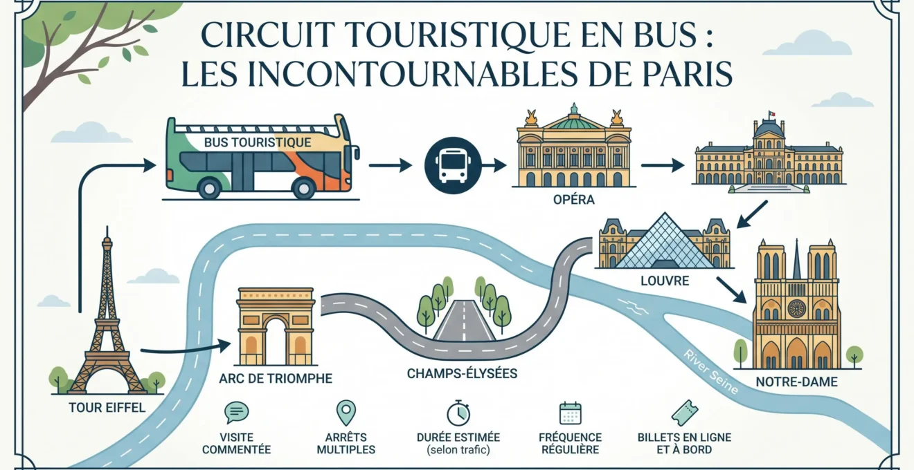 Schéma conceptuel d'un itinéraire touristique reliant plusieurs monuments de Paris